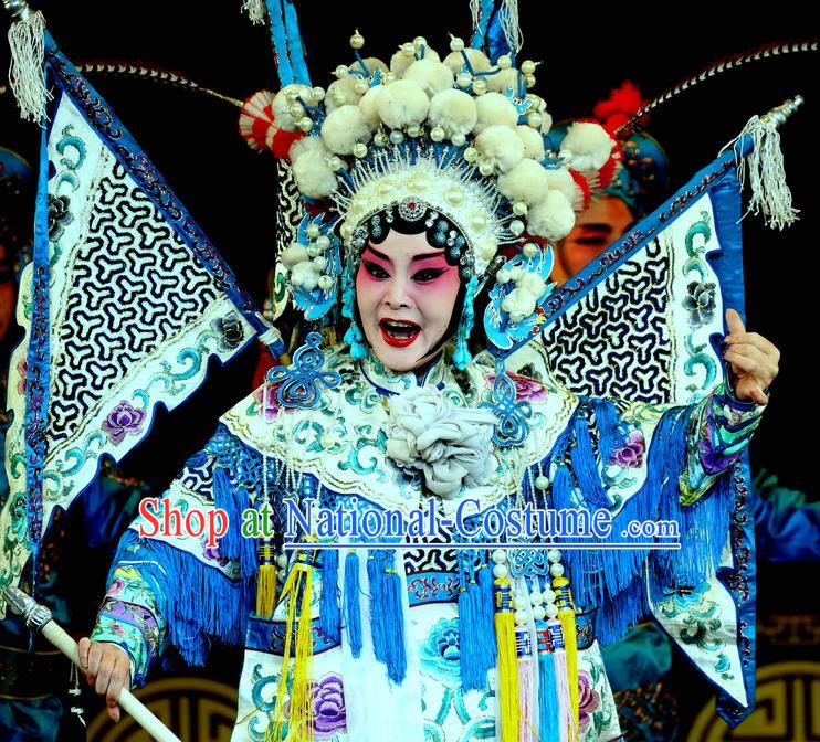 Chinese Sichuan Opera Highlights Female General Tao Sanchun Garment Costumes and Headdress Zhan Huang Pao Traditional Peking Opera Tao Ma Tan Dress Apparels