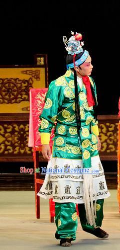 Bai Shou Tu Chinese Sichuan Opera Clown Apparels Costumes and Headpieces Peking Opera Highlights Wusheng Garment Figurant Green Clothing