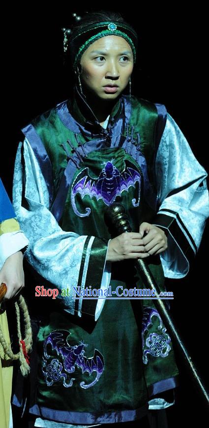 Chinese Sichuan Highlights Opera Elderly Female Garment Costumes and Headdress Jin Zi Traditional Peking Opera Dame Dress Landlord Shiva Apparels