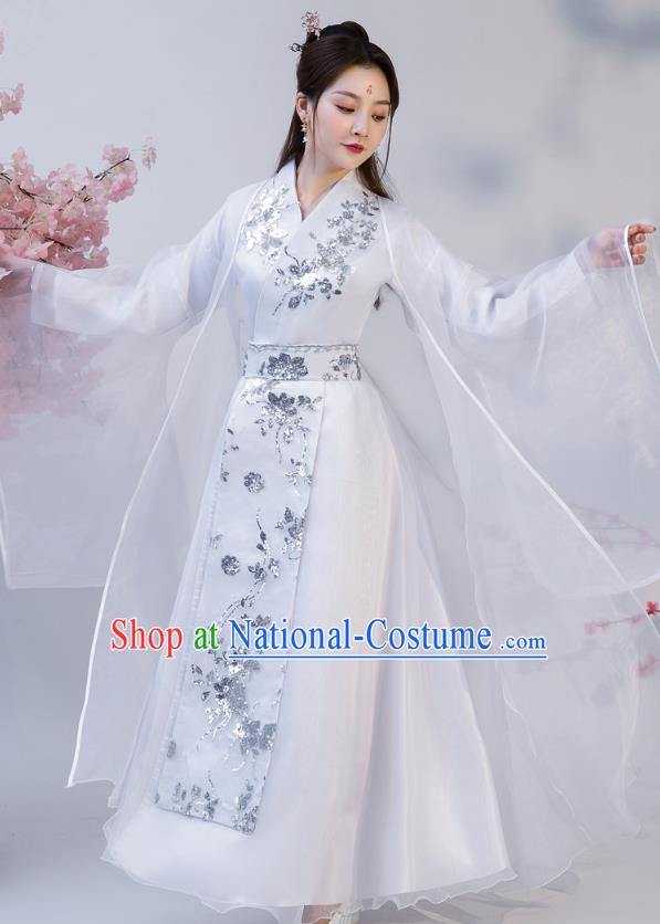 Chinese Ancient Drama Female Swordsman White Hanfu Dress Apparels Traditional Ming Dynasty Heroine Historical Costumes for Women