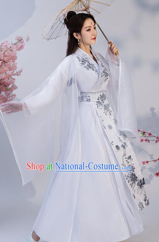 Chinese Ancient Drama Female Swordsman White Hanfu Dress Apparels Traditional Ming Dynasty Heroine Historical Costumes for Women