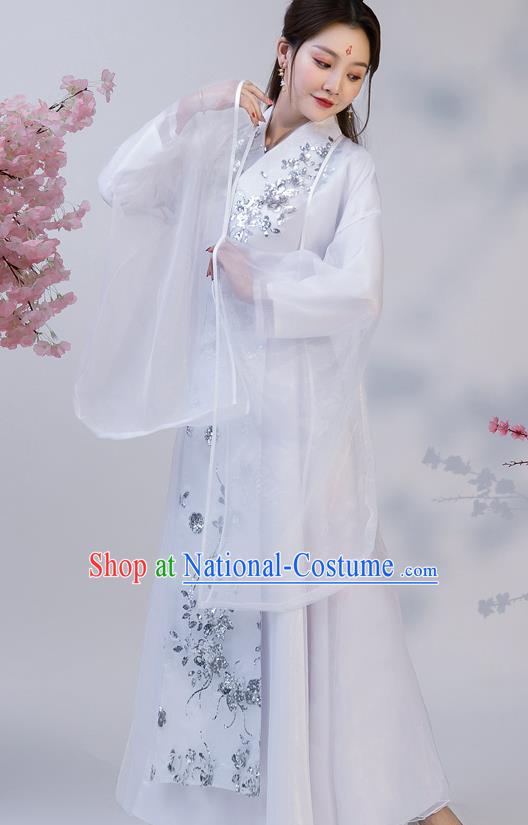 Chinese Ancient Drama Female Swordsman White Hanfu Dress Apparels Traditional Ming Dynasty Heroine Historical Costumes for Women