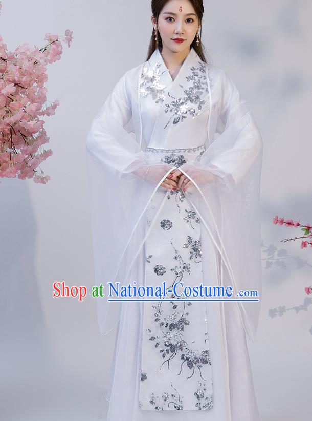 Chinese Ancient Drama Female Swordsman White Hanfu Dress Apparels Traditional Ming Dynasty Heroine Historical Costumes for Women