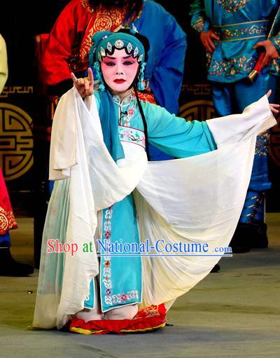 Chinese Sichuan Highlights Opera Distress Maiden Garment Costumes and Headdress Da Pan Mountain Traditional Peking Opera Young Female Zhang Yueying Dress Apparels