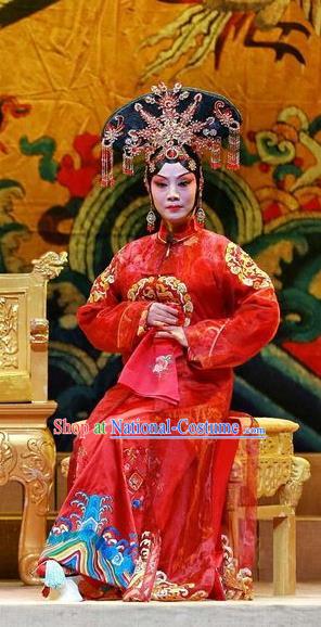 Chinese Sichuan Highlights Opera Court Lady Garment Costumes and Headdress Cang Sheng Zai Shang Traditional Peking Opera Red Dress Princess Duanmin Apparels