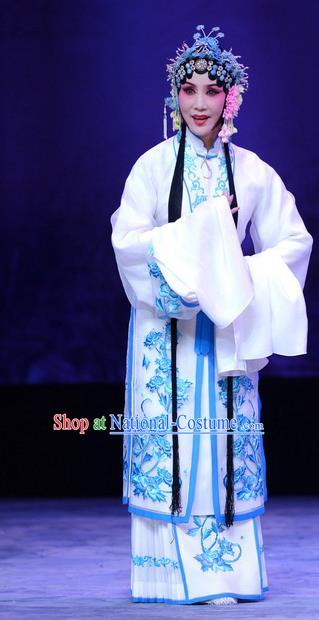 Chinese Hebei Clapper Opera Young Mistress Wang Sanqiao Garment Costumes and Headdress Zhen Zhu Shan Traditional Bangzi Opera Actress Dress Hua Tan Apparels