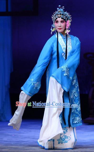 Chinese Hebei Clapper Opera Hua Tan Blue Garment Costumes and Headdress Zhen Zhu Shan Traditional Bangzi Opera Actress Dress Young Mistress Wang Sanqiao Apparels