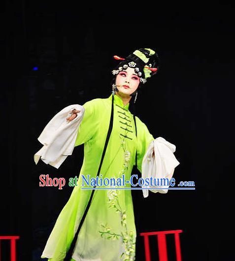 Chinese Hebei Clapper Opera Actress Garment Costumes and Headdress Meng Jiangnv Traditional Bangzi Opera Hua Tan Green Dress Young Female Apparels