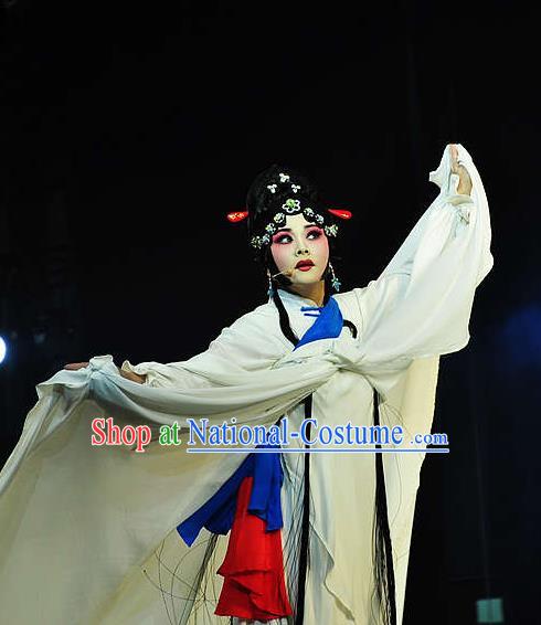 Chinese Hebei Clapper Opera Distress Maiden Garment Costumes and Headdress Meng Jiangnv Traditional Bangzi Opera Actress White Dress Diva Apparels