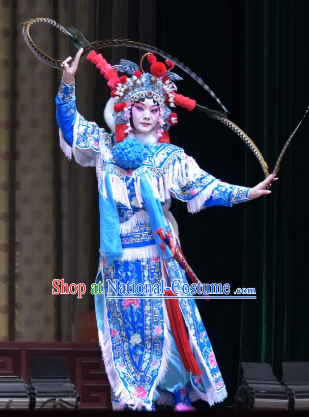 Chinese Hebei Clapper Opera Martial Female Hu Sanniang Garment Costumes and Headdress Hu Jia Zhuang Traditional Bangzi Opera Actress Dress Wudan Apparels