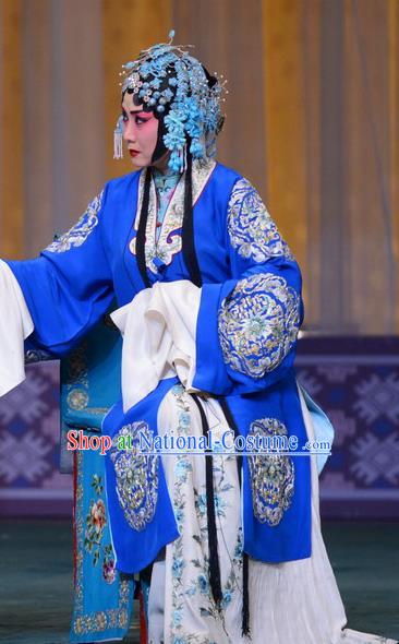 Chinese Hebei Clapper Opera Young Woman Garment Costumes and Headdress The Butterfly Chalice Traditional Bangzi Opera Mistress Dress Hua Tan Blue Apparels