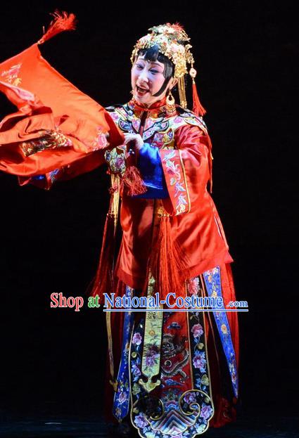 Chinese Hebei Clapper Opera Young Mistress Cao Qiqiao Garment Costumes and Headdress Golden Lock Notes Traditional Bangzi Opera Bride Dress Actress Wedding Apparels