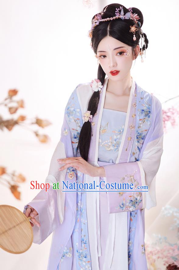 Chinese Ancient Civilian Lady Embroidered Hanfu Dress Apparels Traditional Song Dynasty Village Girl Historical Costumes Complete Set