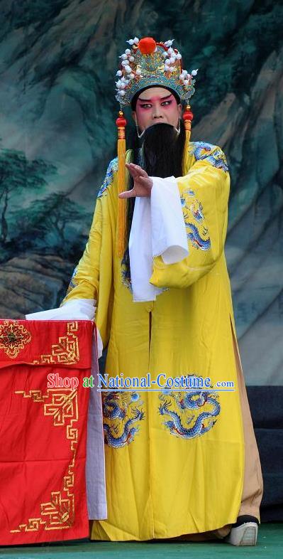 Chinese Bangzi Opera Laosheng Apparels Elderly Male Costumes and Headpieces Traditional Shanxi Clapper Opera Emperor Garment Monarch Clothing