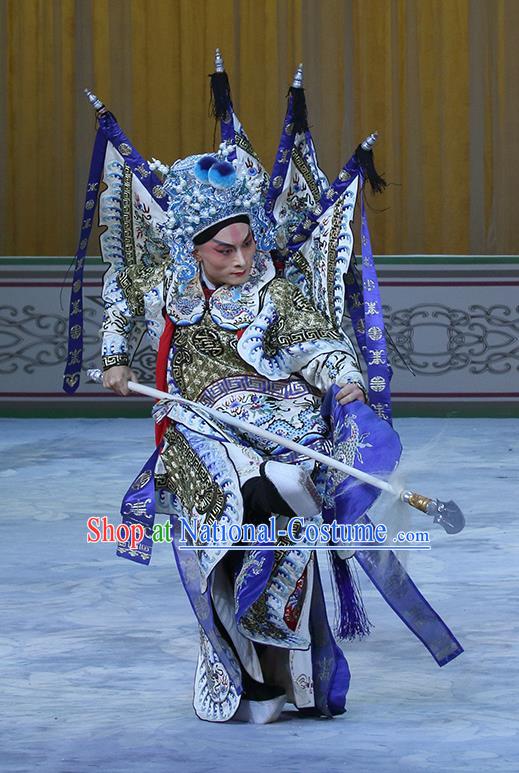 In Extremely Good Fortune Chinese Bangzi Opera General Zhao Yun Apparels Costumes and Headpieces Traditional Hebei Clapper Opera Martial Male Garment Kao Clothing with Flags