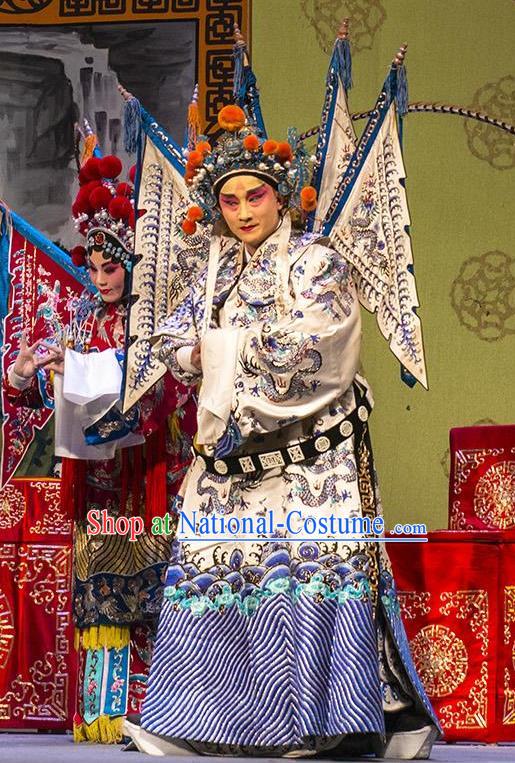 San Guan Pai Yan Chinese Bangzi Opera Military Officer Apparels Costumes and Headpieces Traditional Shanxi Clapper Opera General Garment Yang Zongbao Kao Clothing with Flags