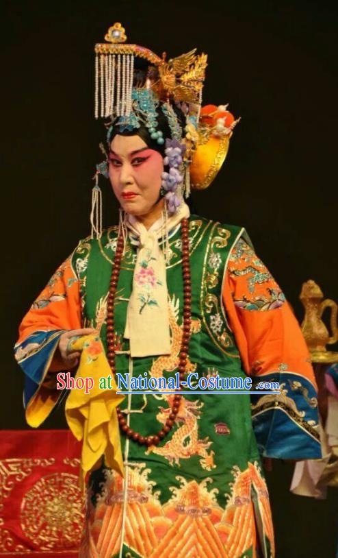 Chinese Shanxi Clapper Opera Empress Dowager Garment Costumes and Headdress San Guan Pai Yan Traditional Bangzi Opera Queen Mother Dress Apparels