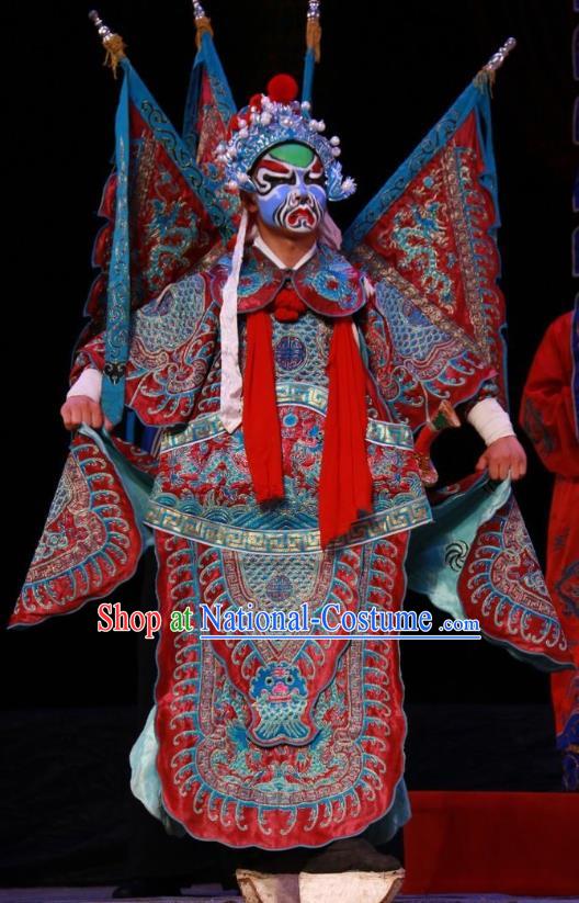 Pan Yang Song Chinese Bangzi Opera Jing Role Apparels Costumes and Headpieces Traditional Shanxi Clapper Opera Painted Role Garment General Red Armor Clothing with Flags