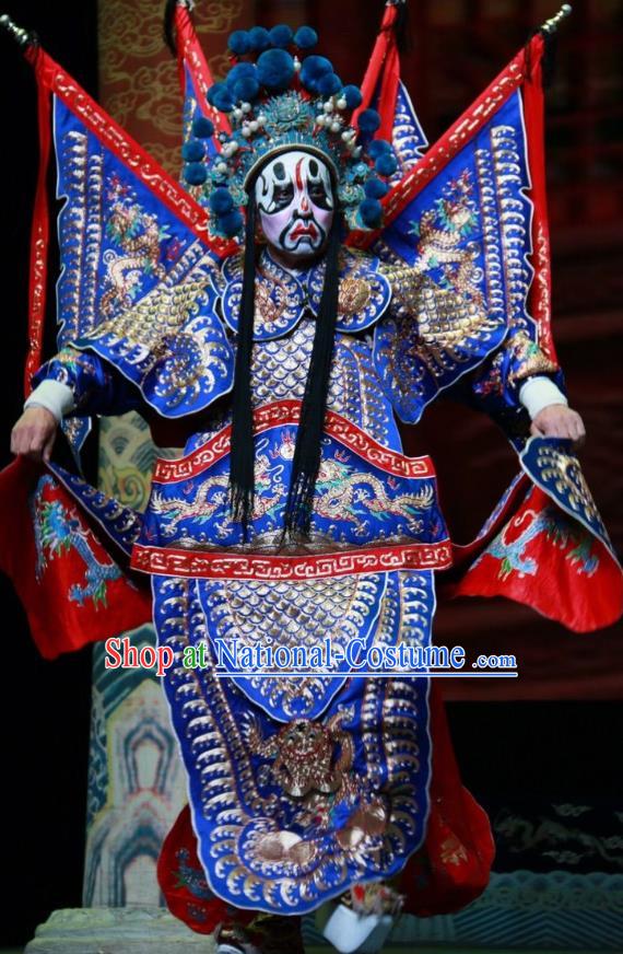 Er Jin Gong Chinese Bangzi Opera General Blue Kao Apparels Costumes and Headpieces Traditional Shanxi Clapper Opera Jing Garment Armor Clothing with Flags