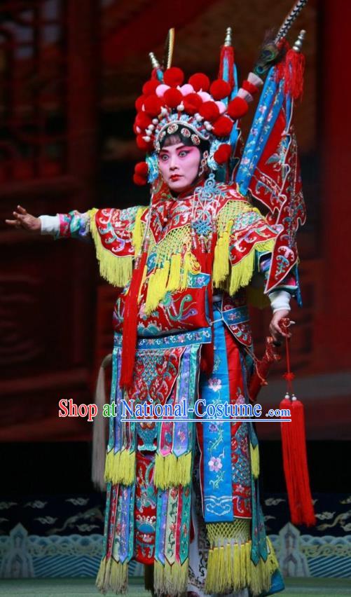 Chinese Shanxi Clapper Opera Tao Ma Tan Garment Costumes and Headdress Er Jin Gong Traditional Bangzi Opera Martial Female Dress Red Apparels with Flags