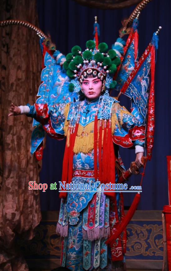 Chinese Shanxi Clapper Opera Martial Female Garment Costumes and Headdress Zhong Bao Guo Traditional Bangzi Opera Actress Dress Tao Ma Tan Apparels with Flags