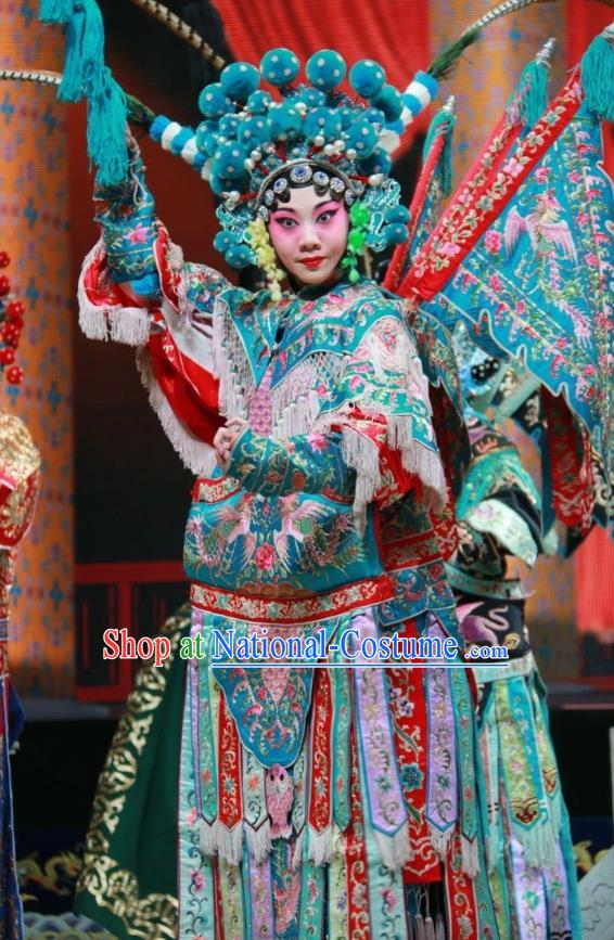 Chinese Shanxi Clapper Opera Mu Guiying Red Garment Costumes and Headdress Women General of Yang Family Traditional Bangzi Opera Tao Ma Tan Dress Apparels with Flags