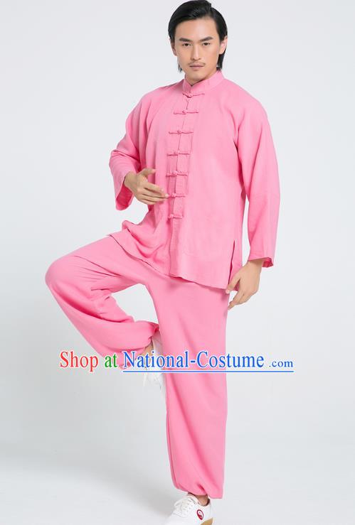 Top Grade Chinese Tai Ji Training Hand Painting Carps Uniforms Kung Fu Martial Arts Costume Shaolin Gongfu Pink Flax Shirt and Pants for Men