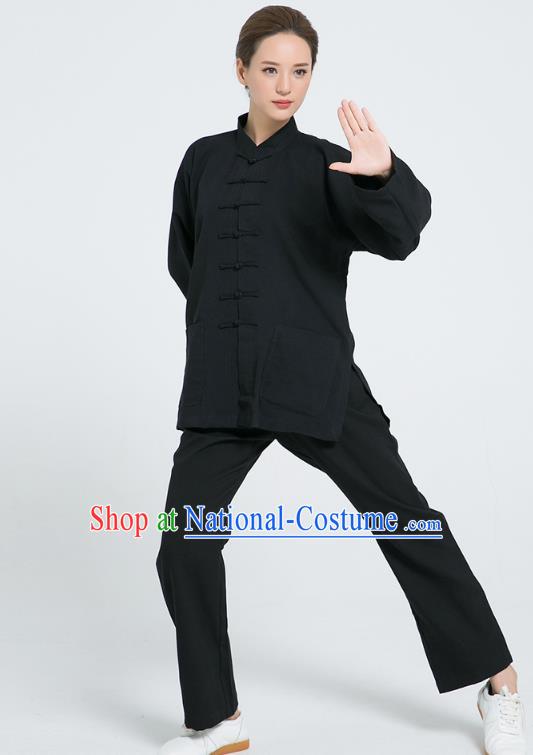 Professional Chinese Hand Painting Lotus Tai Chi Black Flax Blouse and Pants Outfits Martial Arts Shaolin Gongfu Costumes Kung Fu Training Garment for Women