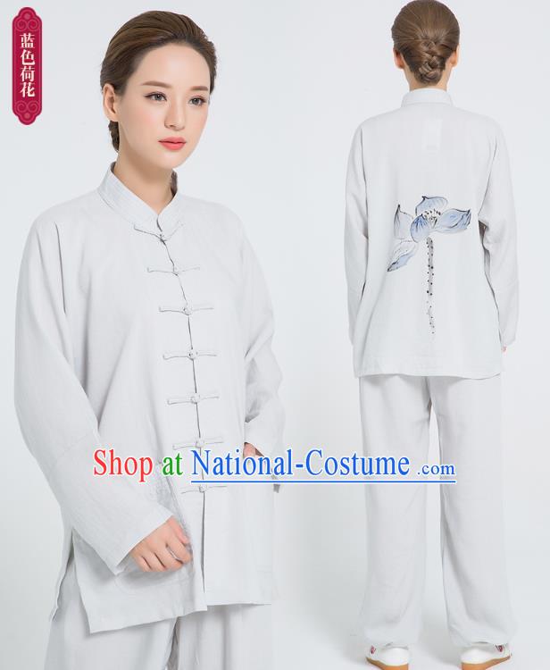 Professional Chinese Hand Painting Lotus Tai Chi Gray Flax Blouse and Pants Outfits Martial Arts Shaolin Gongfu Costumes Kung Fu Training Garment for Women