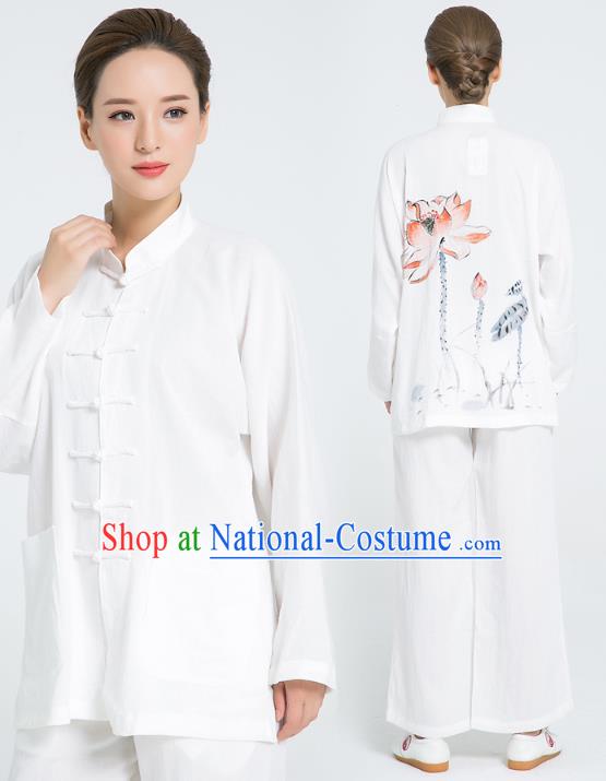 Professional Chinese Hand Painting Lotus Tai Chi White Flax Blouse and Pants Outfits Martial Arts Shaolin Gongfu Costumes Kung Fu Training Garment for Women