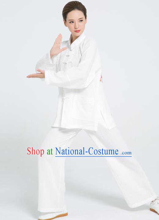 Professional Chinese Hand Painting Lotus Tai Chi White Flax Blouse and Pants Outfits Martial Arts Shaolin Gongfu Costumes Kung Fu Training Garment for Women