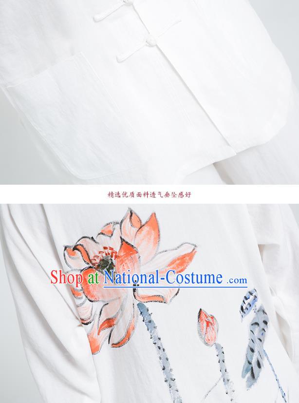 Professional Chinese Hand Painting Lotus Tai Chi White Flax Blouse and Pants Outfits Martial Arts Shaolin Gongfu Costumes Kung Fu Training Garment for Women