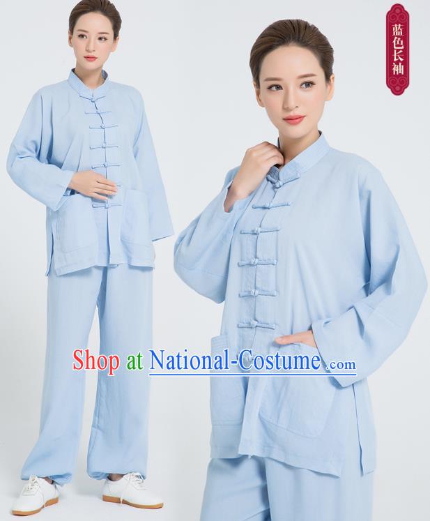 Professional Chinese Hand Painting Lotus Tai Chi Blue Flax Blouse and Pants Outfits Martial Arts Shaolin Gongfu Costumes Kung Fu Training Garment for Women