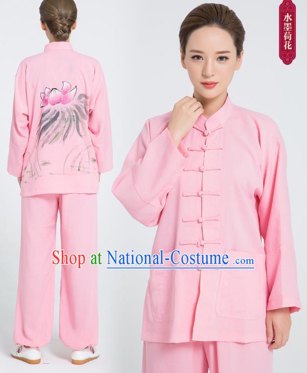 Professional Chinese Hand Painting Lotus Tai Chi Pink Flax Blouse and Pants Outfits Martial Arts Shaolin Gongfu Costumes Kung Fu Training Garment for Women