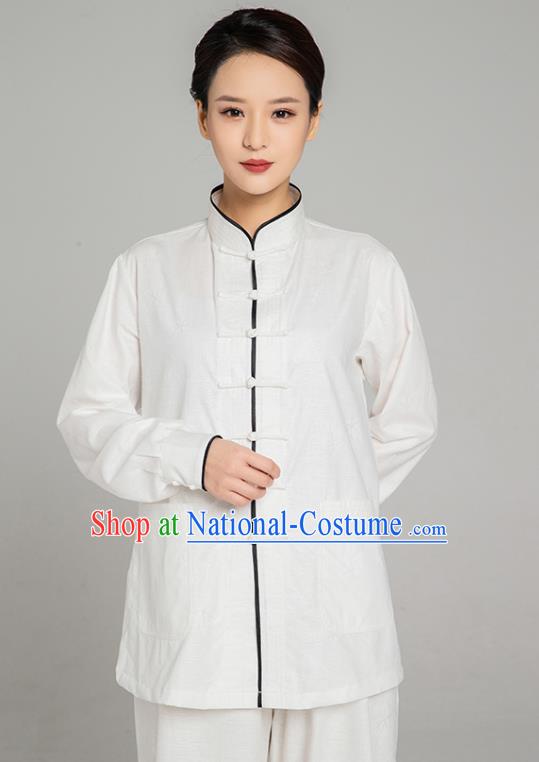 Top Grade Chinese Tai Ji Training White Linen Uniforms Kung Fu Martial Arts Costume Shaolin Gongfu Blouse and Pants for Men