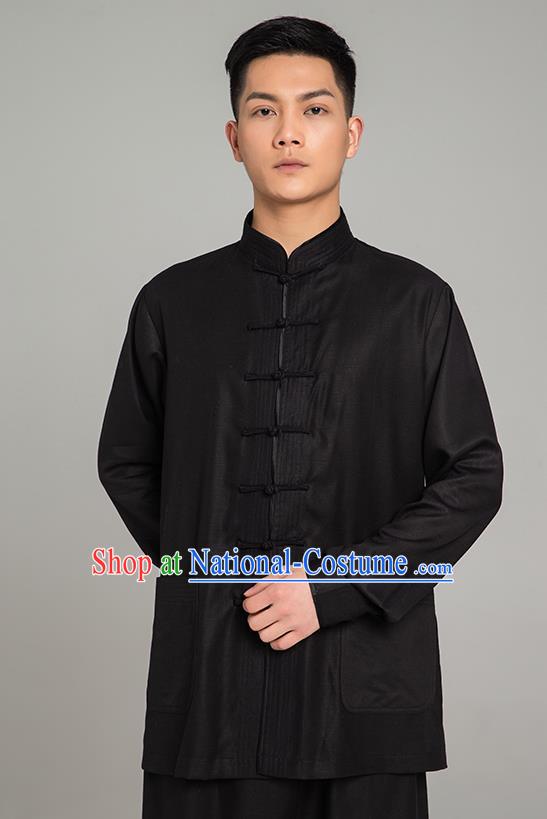 Top Grade Chinese Tai Ji Training Black Linen Uniforms Kung Fu Martial Arts Costume Shaolin Gongfu Blouse and Pants for Men