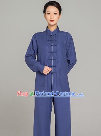 Professional Chinese Tang Suit Navy Linen Blouse and Pants Outfits Martial Arts Shaolin Gongfu Costumes Kung Fu Training Garment for Women