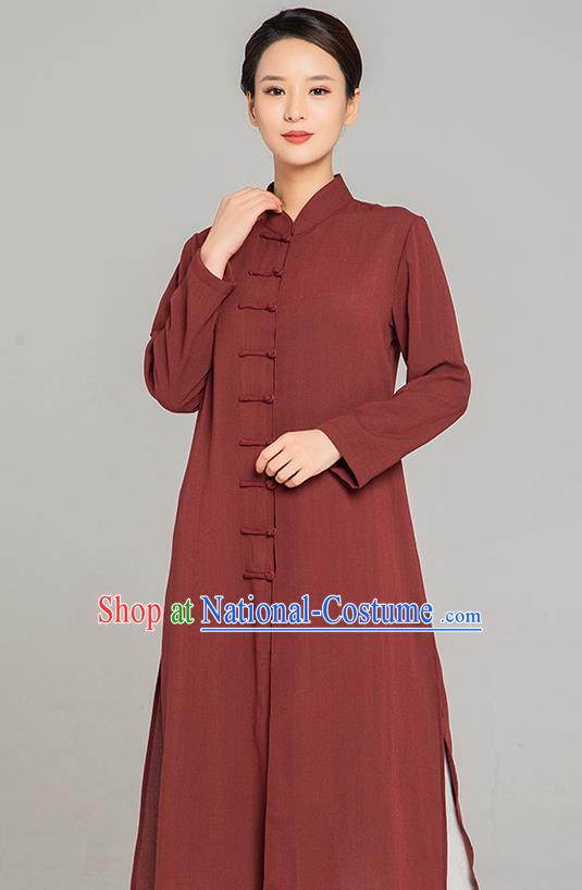 Professional Chinese Tang Suit Maroon Flax Gown and Pants Outfits Martial Arts Costumes Kung Fu Tai Chi Training Garment for Women