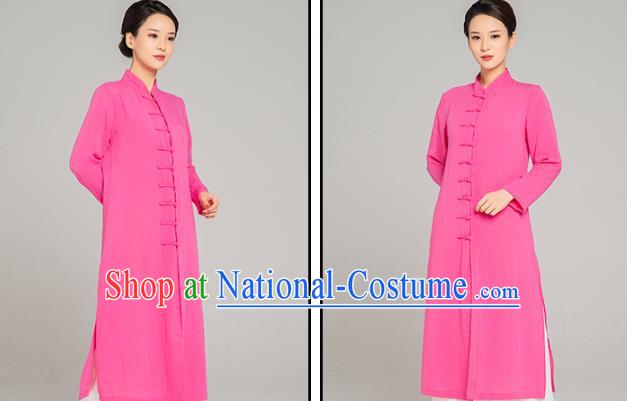 Professional Chinese Tang Suit Rosy Flax Gown and Pants Outfits Martial Arts Costumes Kung Fu Tai Chi Training Garment for Women