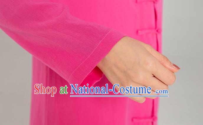 Professional Chinese Tang Suit Rosy Flax Gown and Pants Outfits Martial Arts Costumes Kung Fu Tai Chi Training Garment for Women