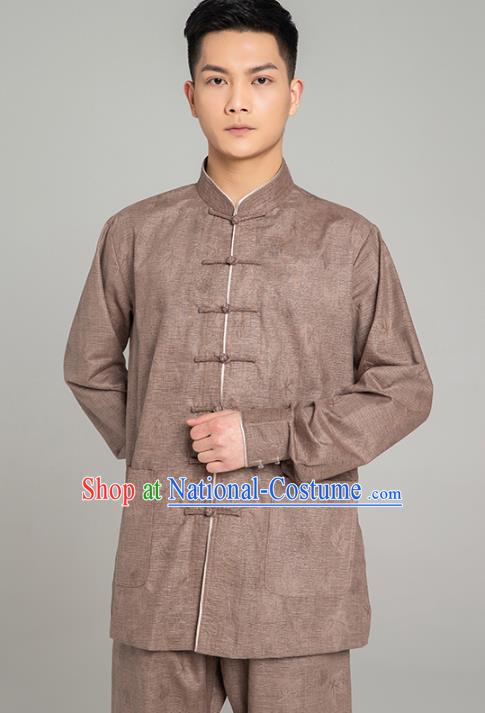 Top Grade Chinese Tai Ji Jacquard Brown Linen Uniforms Kung Fu Martial Arts Training Costume Shaolin Gongfu Blouse and Pants for Men