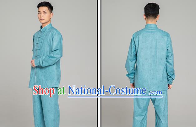 Top Grade Chinese Tai Ji Jacquard Teal Linen Uniforms Kung Fu Martial Arts Training Costume Shaolin Gongfu Blouse and Pants for Men