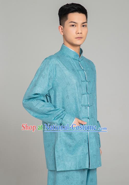 Top Grade Chinese Tai Ji Jacquard Teal Linen Uniforms Kung Fu Martial Arts Training Costume Shaolin Gongfu Blouse and Pants for Men