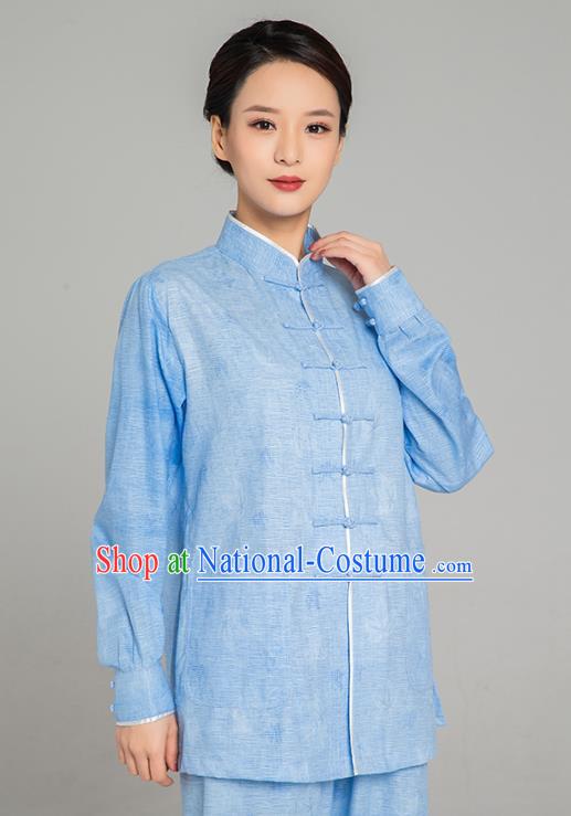 Professional Chinese Tang Suit Jacquard Light Blue Flax Blouse and Pants Outfits Martial Arts Costumes Kung Fu Tai Chi Training Garment for Women