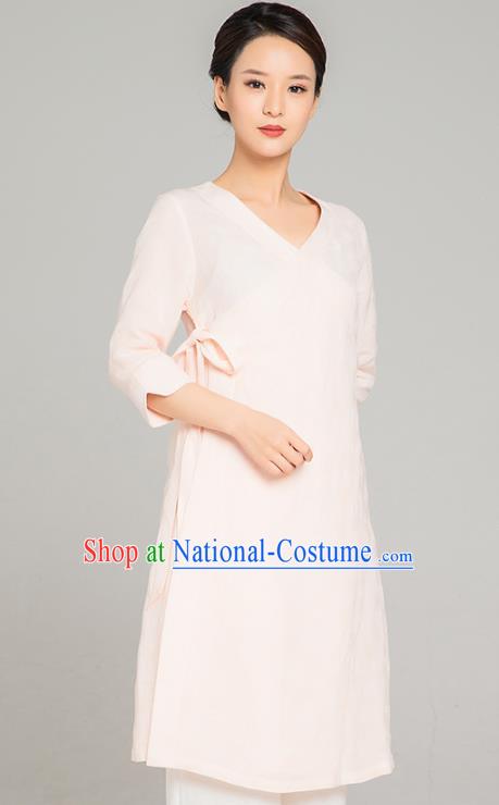 Asian Chinese Traditional Tang Suit Light Pink Flax Blouse Martial Arts Costumes China Kung Fu Upper Outer Garment Dress for Women