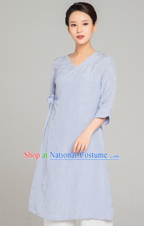 Asian Chinese Traditional Tang Suit Light Blue Flax Blouse Martial Arts Costumes China Kung Fu Upper Outer Garment Dress for Women