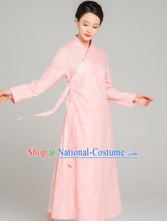 Asian Chinese Traditional Jacquard Maple Leaf Pink Flax Dress Martial Arts Costumes China Kung Fu Robe Garment for Women