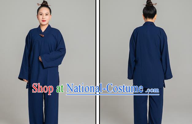 Asian Chinese Traditional Taoist Nun Navy Flax Blouse and Pants Martial Arts Costumes China Kung Fu Garment Outfits for Women