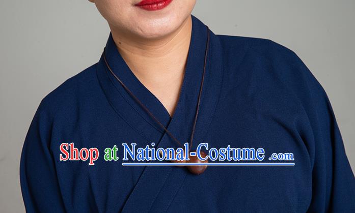 Asian Chinese Traditional Taoist Nun Navy Flax Blouse and Pants Martial Arts Costumes China Kung Fu Garment Outfits for Women