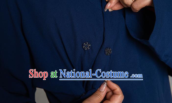 Asian Chinese Traditional Taoist Nun Navy Flax Blouse and Pants Martial Arts Costumes China Kung Fu Garment Outfits for Women